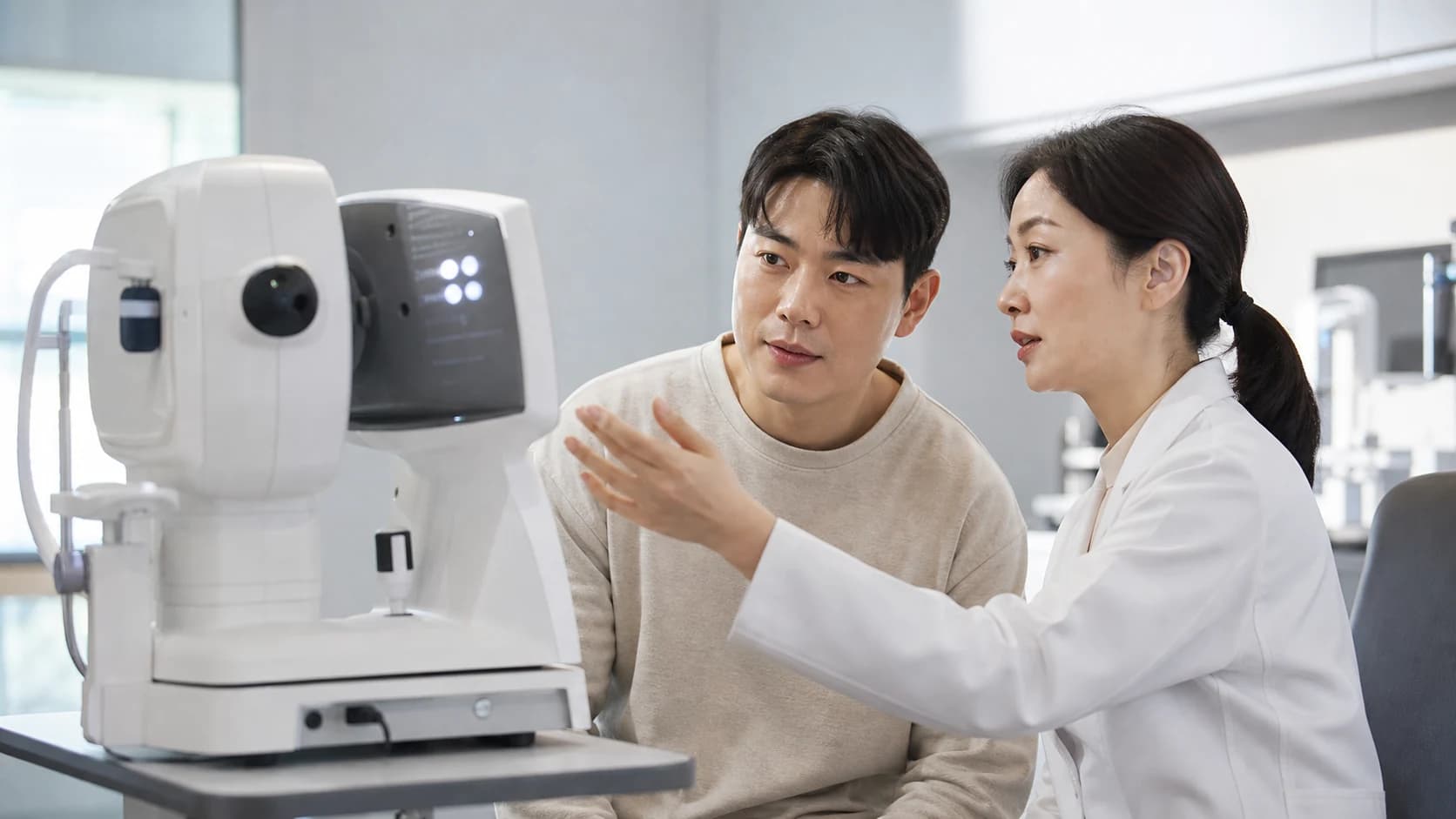 안과 검사실에서 성인 환자에게 정밀검사 장비와 검사 순서를 설명하는 장면