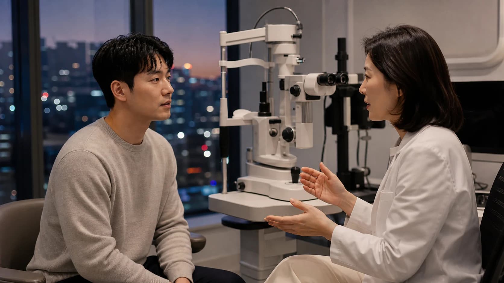 저녁 불빛이 보이는 안과 검사실에서 성인 환자에게 야간 시야를 설명하는 장면