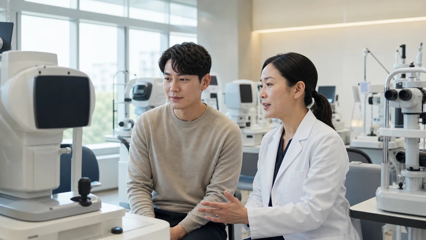 안과 검사실에서 성인 환자에게 시력교정 검사와 상담 방향을 설명하는 장면
