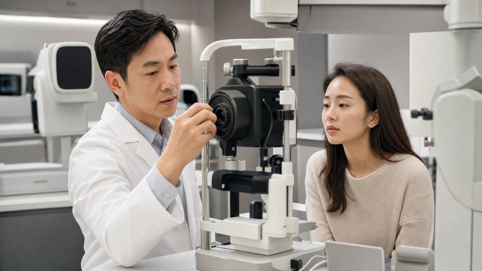 안과 장비실에서 성인 환자에게 정밀검사 장비의 중심과 검사 계획을 설명하는 장면