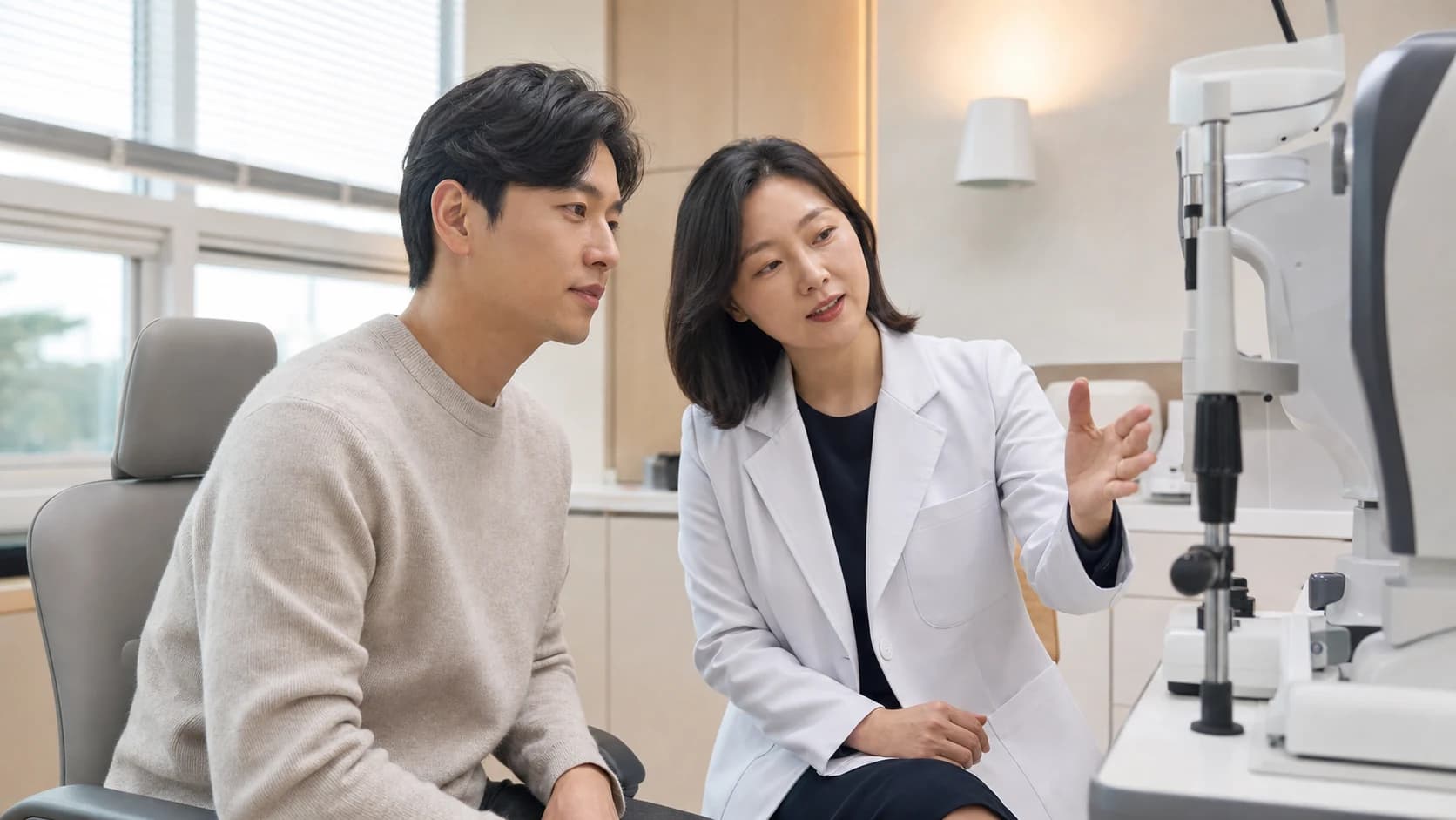 안과 검사실에서 성인 환자에게 검사 장비와 상담 방향을 설명하는 장면