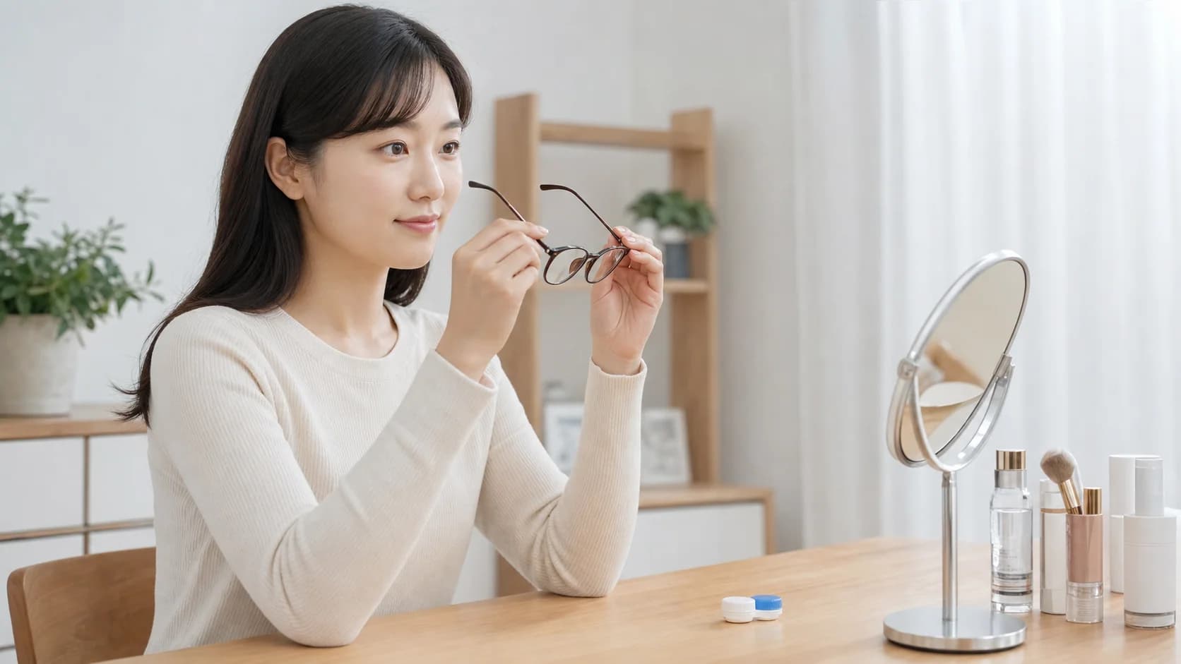 화면 작업 중 렌즈가 불편해져 안경으로 바꾸는 준비 장면