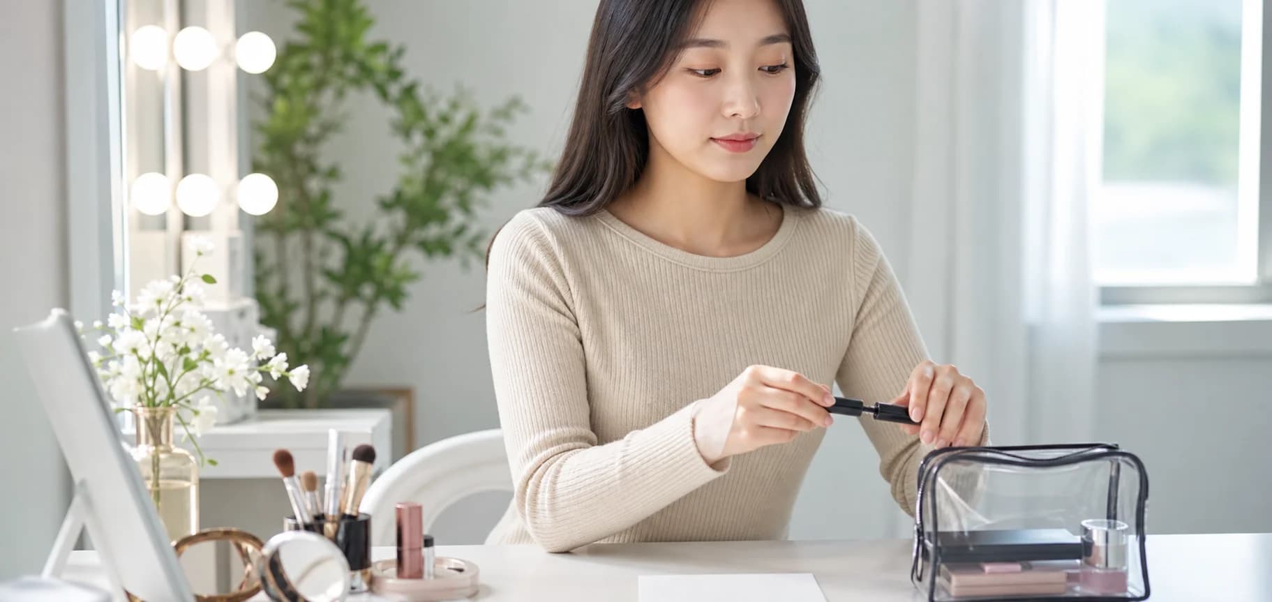눈가 자극 후 사용하던 화장품을 닫아 별도 파우치에 분리하는 모습