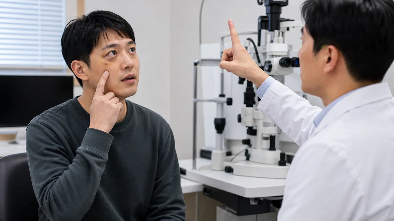 눈 주변 충격 뒤 복시와 볼 감각 변화를 안과 의료진에게 설명하는 상담