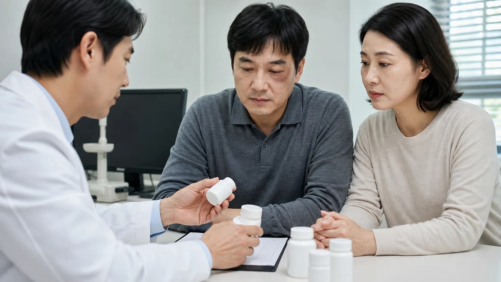 원인 없는 반복 멍과 복용약 목록을 의료진과 검토하는 장면