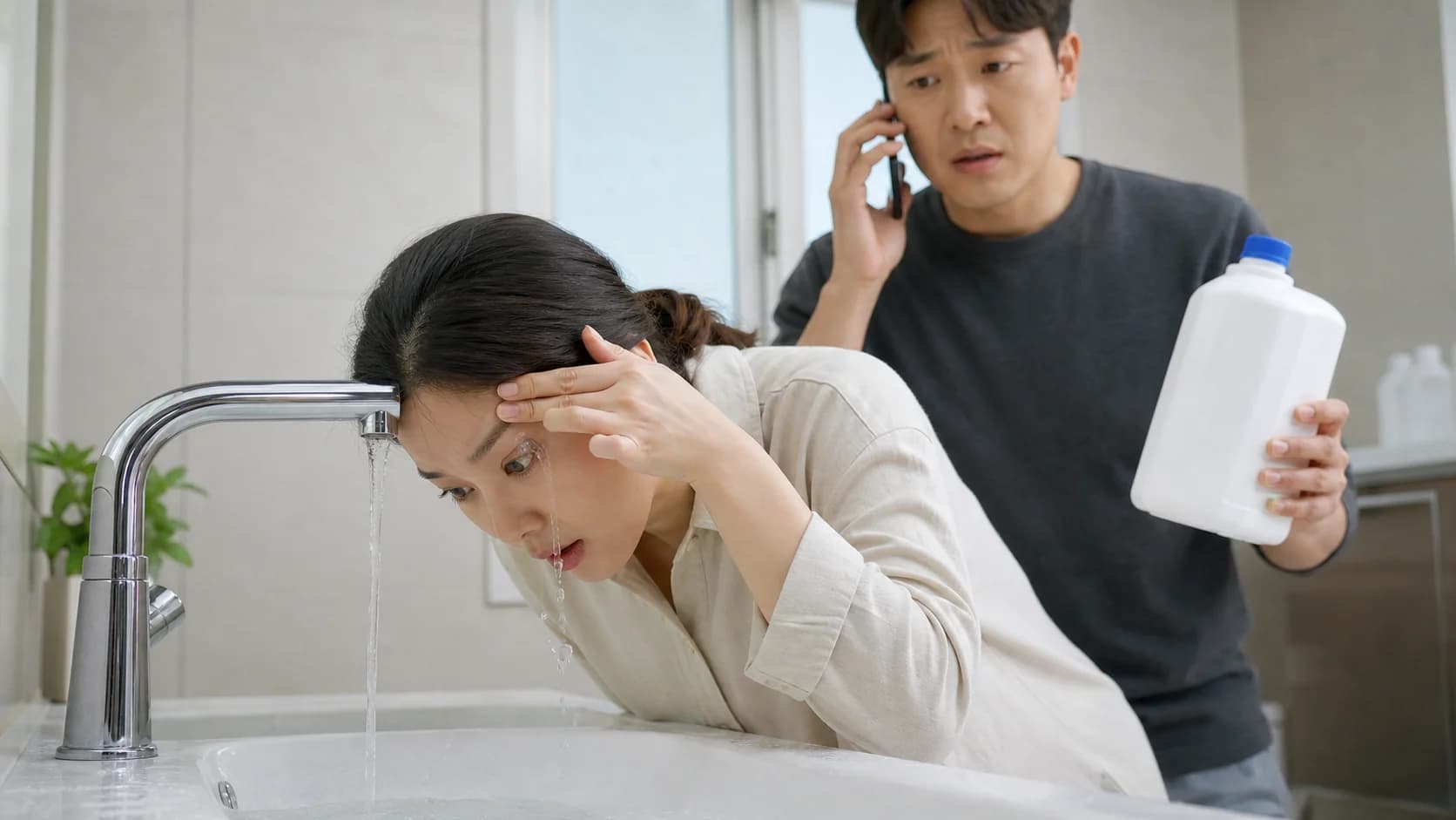 화학물질이 눈에 들어간 사람이 다른 용제 없이 흐르는 물로 즉시 씻고 제품 용기를 보존하는 모습