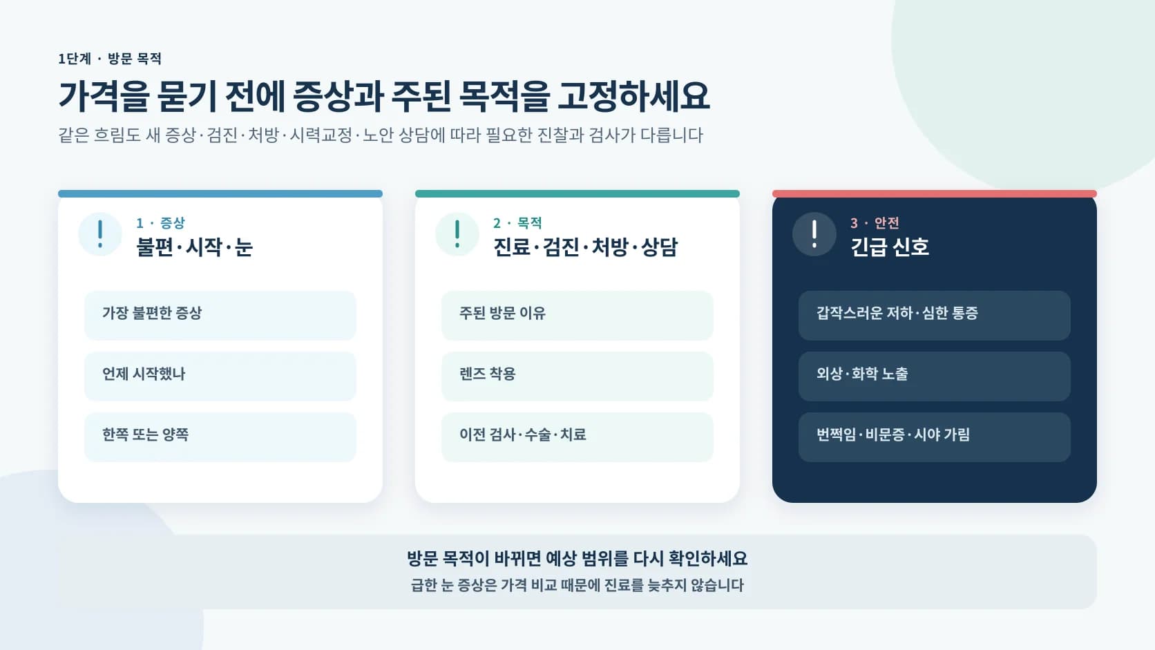 가격 확인 전에 눈 증상 시작 시점 적용 눈 주된 방문 목적과 긴급 신호를 기록하는 정보 도해