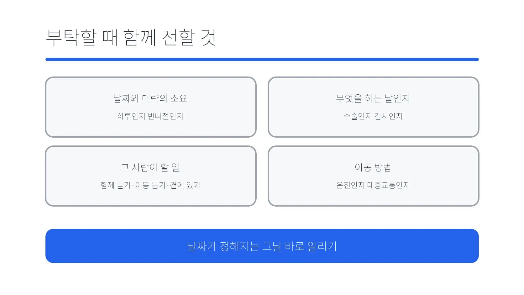 동행을 부탁할 때 날짜·할 일·역할·이동 방법을 전하는 도식