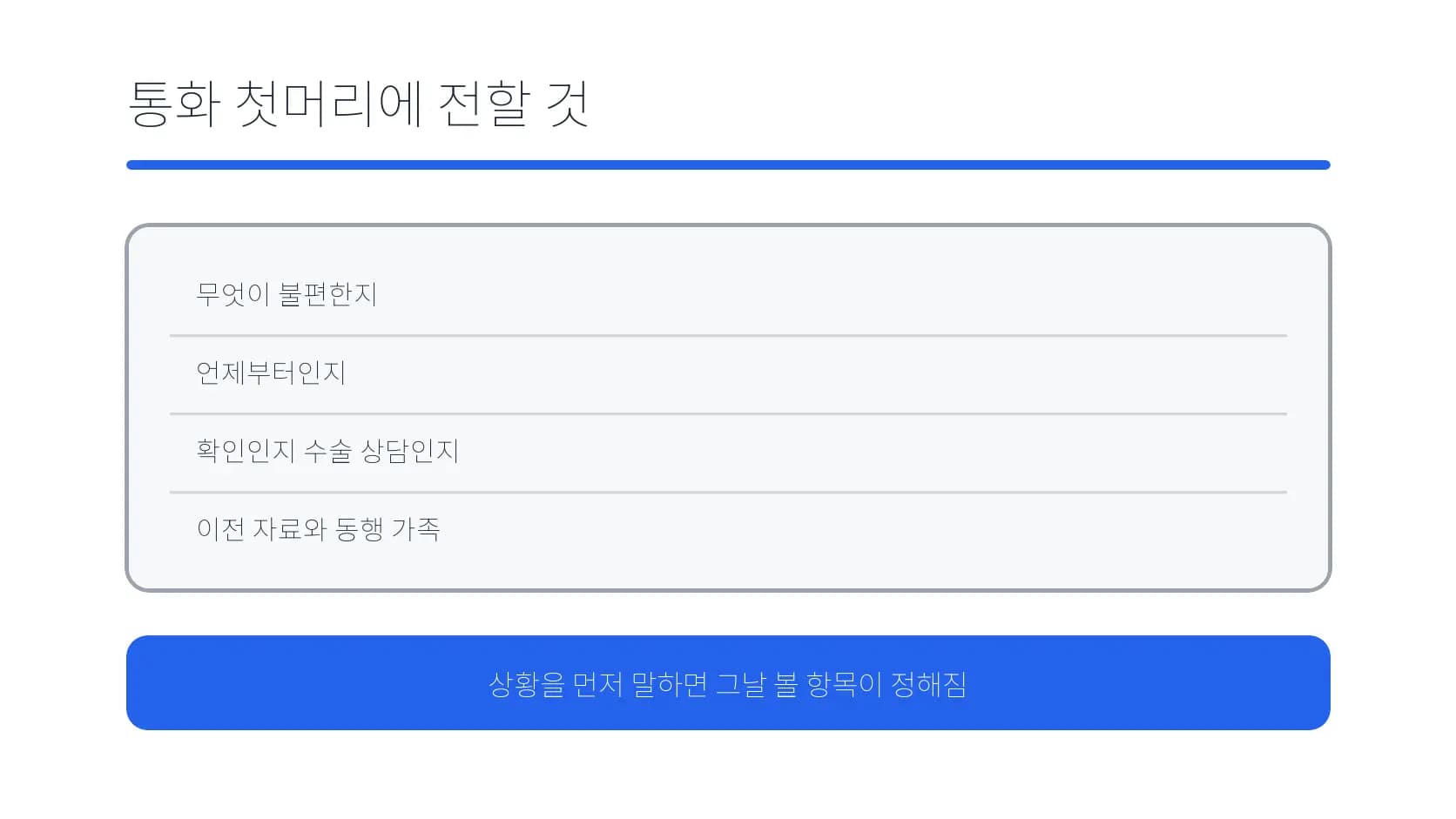 예약 통화 첫머리에 전달할 불편·목적·자료·동행 정보 도식