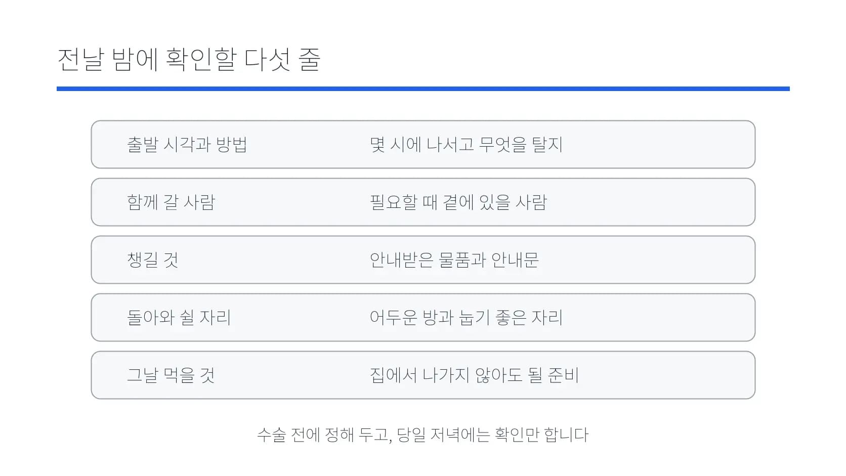 수술 전날 밤에 확인할 다섯 항목을 정리한 도식