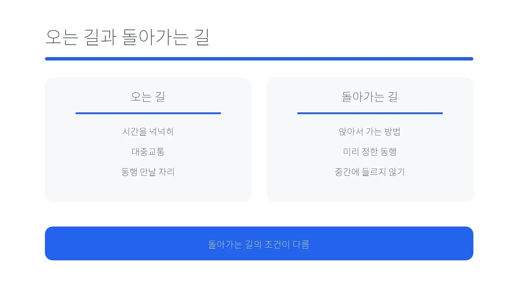병원에 오는 길과 돌아가는 길의 조건을 나눈 도식