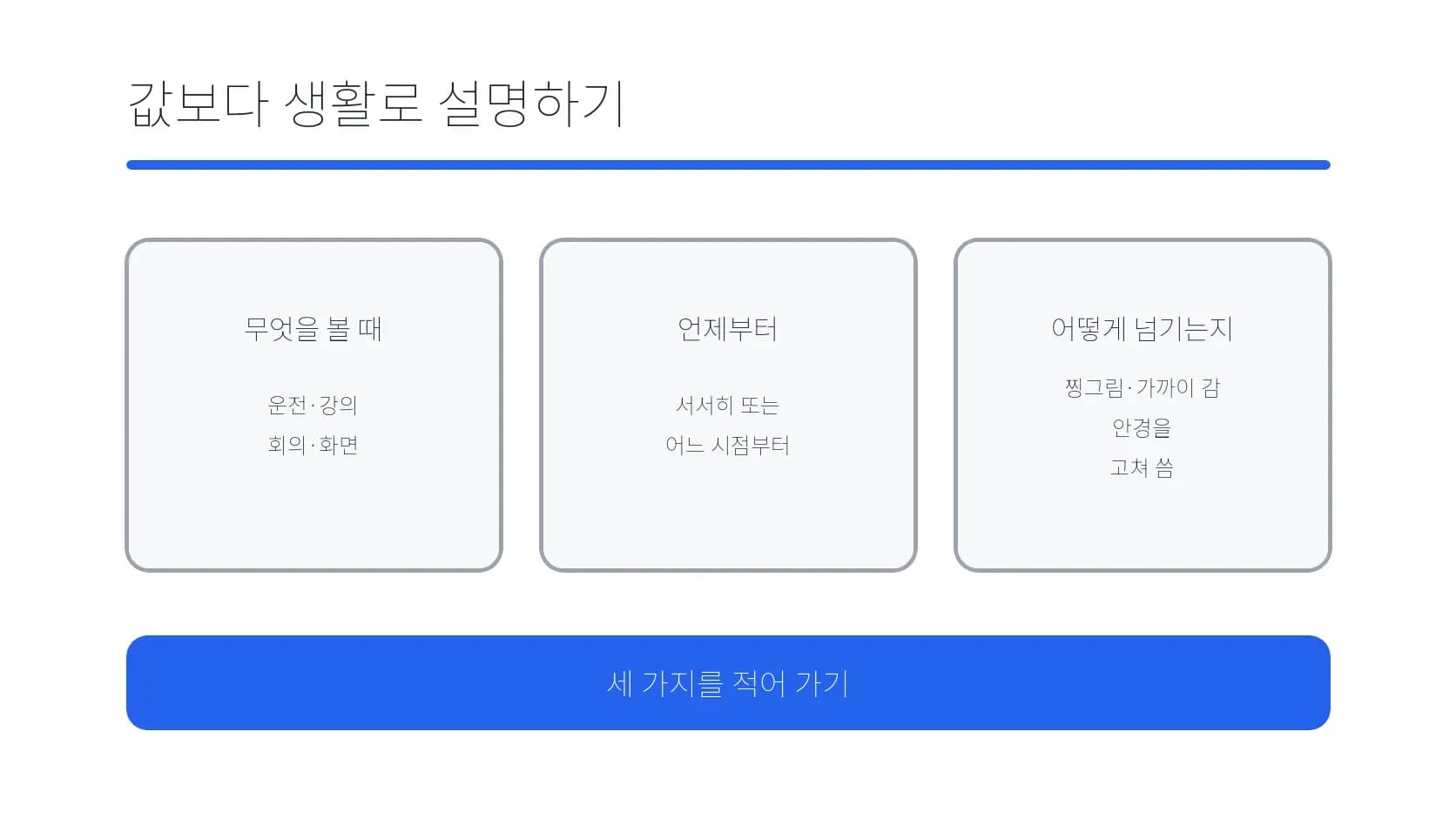 언제 무엇을 볼 때 어떻게 불편한지 생활로 설명하는 도식