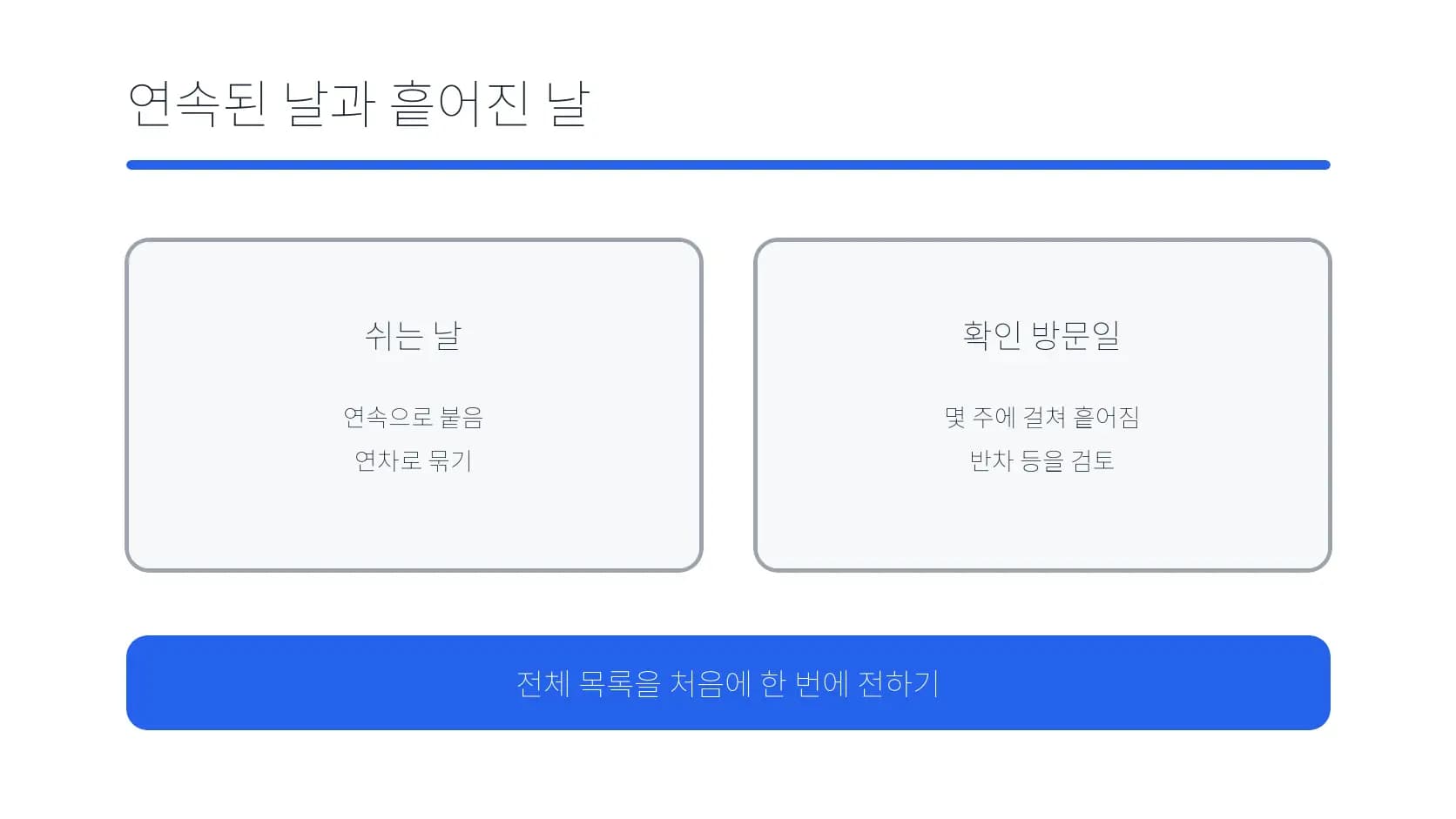 연속 휴가와 흩어진 확인 방문일을 나눈 도식
