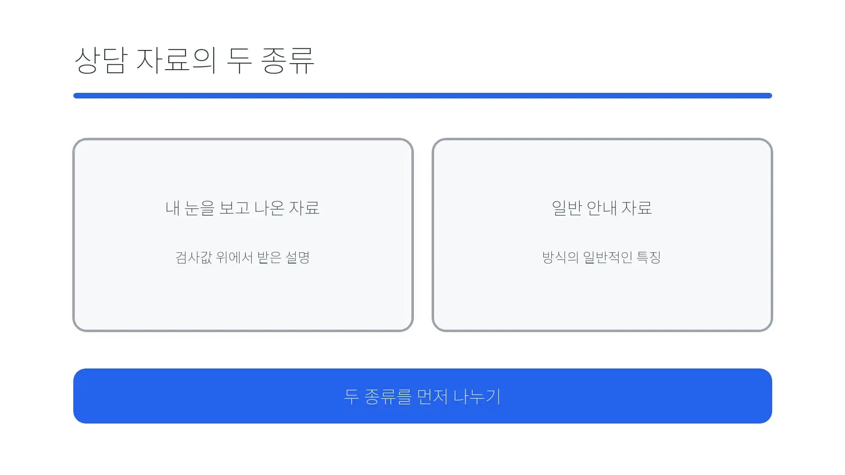 본인 검사 자료와 일반 안내 자료를 나눈 도식