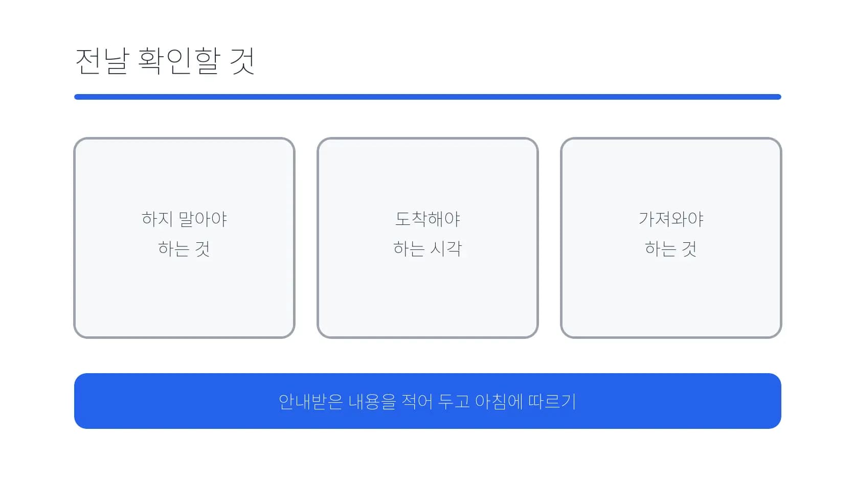 수술 전날 확인할 금지 사항·도착 시각·준비물 도식