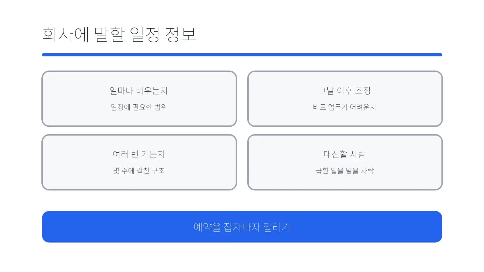 근무지에 전할 부재 범위·복귀·반복 방문·대체 담당 정보 도식