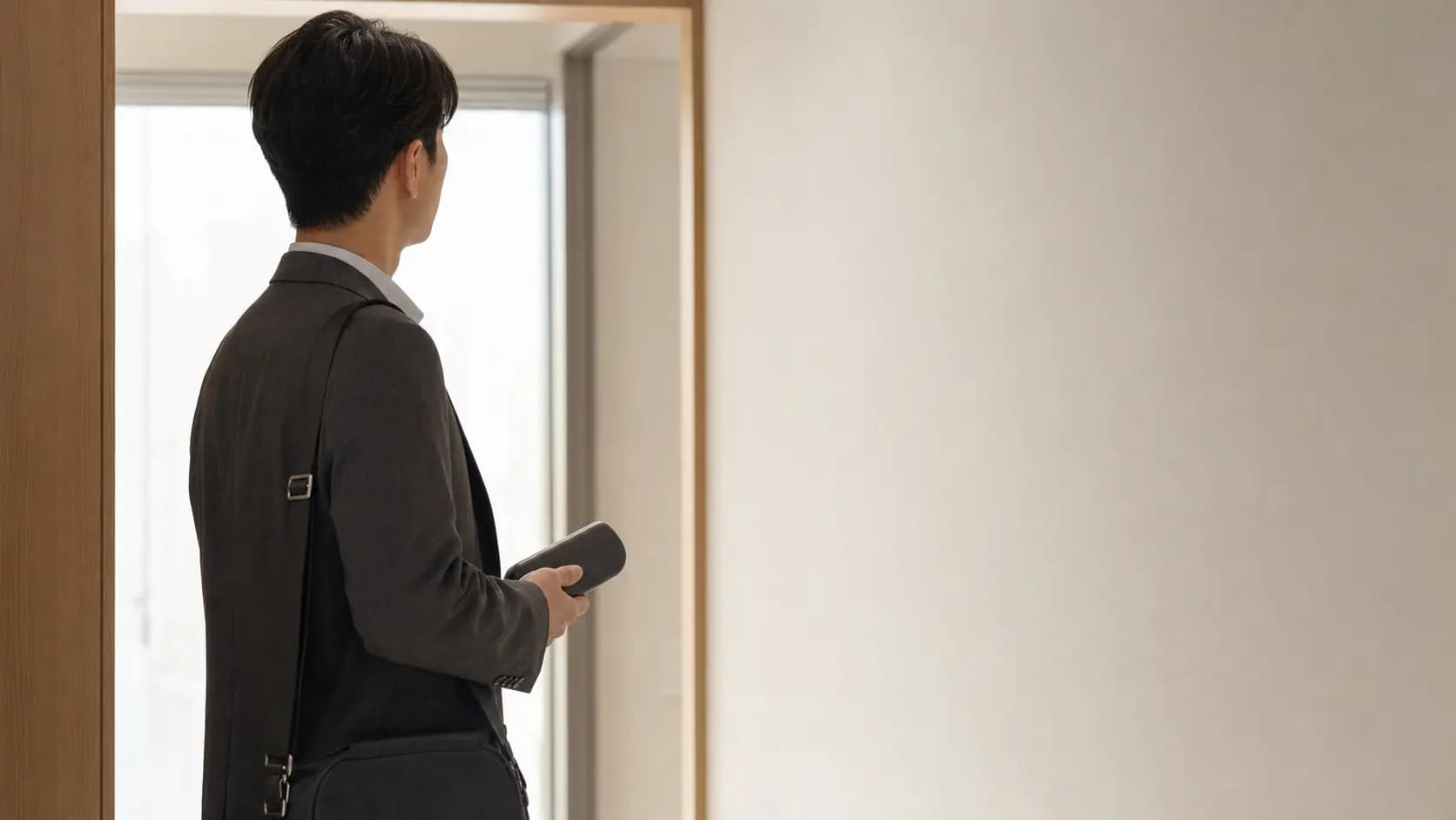 문을 나서기 전 잠시 멈춰 방문 목적을 생각하는 성인