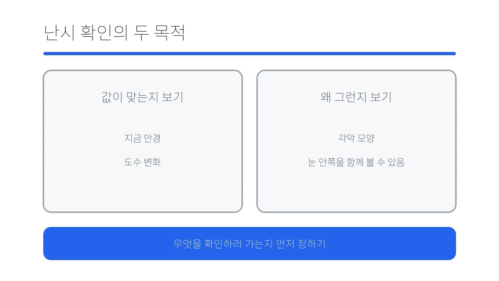 난시 확인에서 도수와 눈 상태를 보는 두 목적 도식