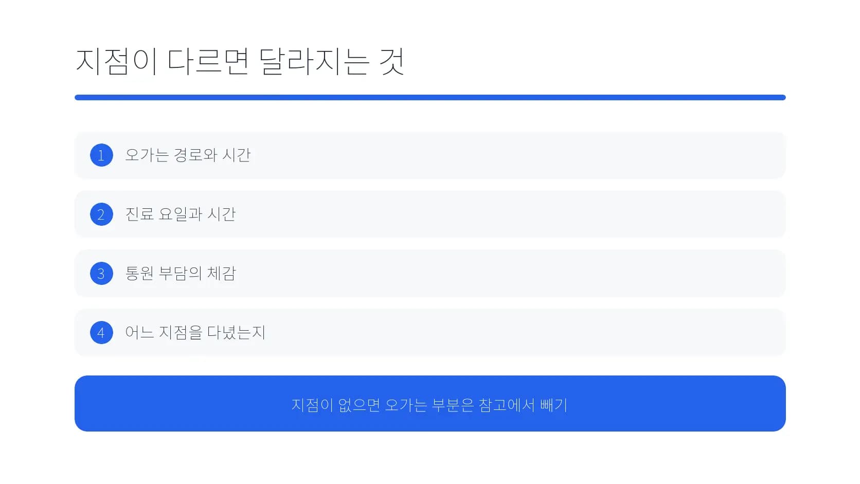 지점이 달라질 때 달라지는 방문·진료·운영 조건 도식