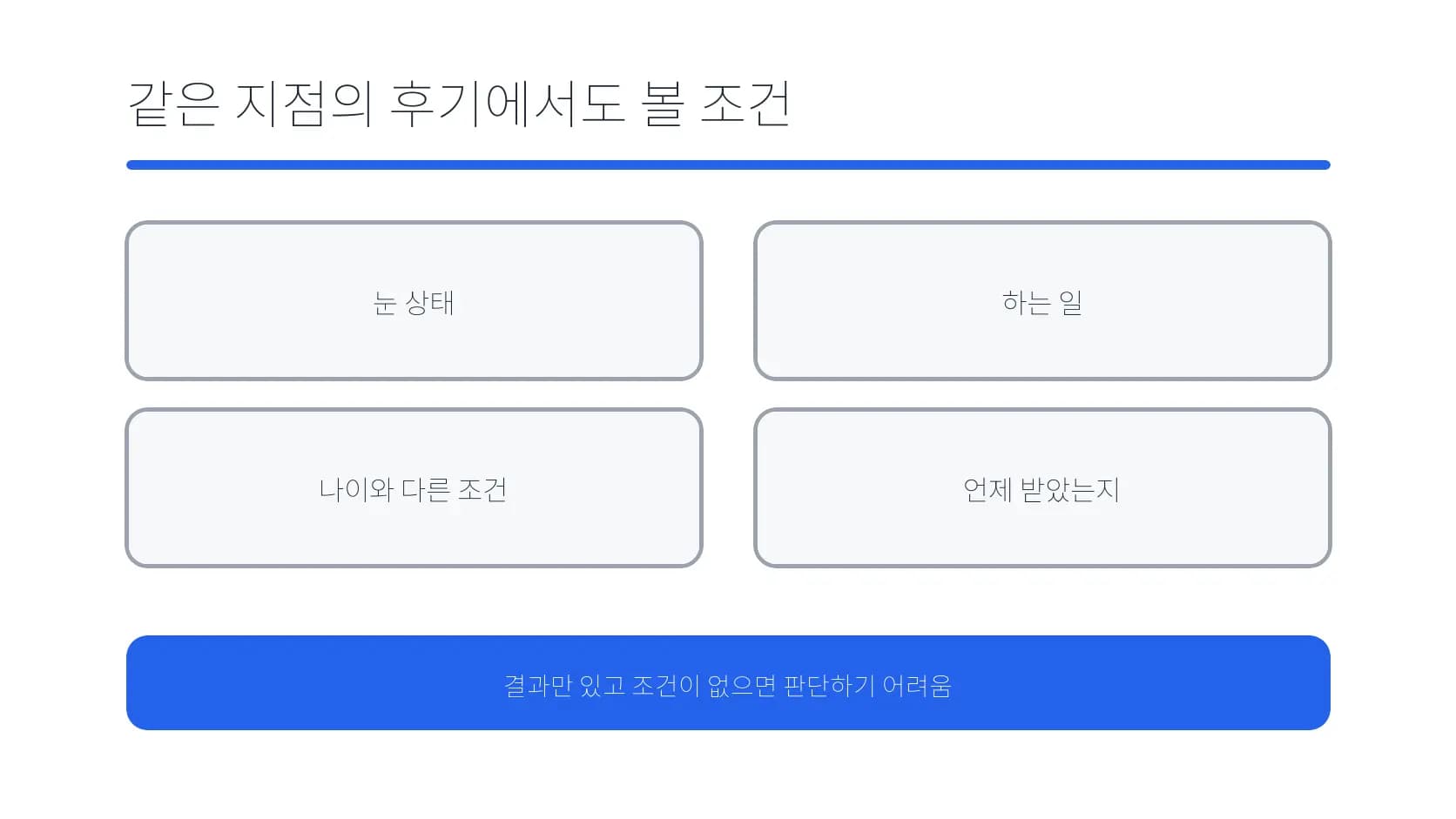 같은 지점 후기에서도 확인해야 할 개인별 조건 도식