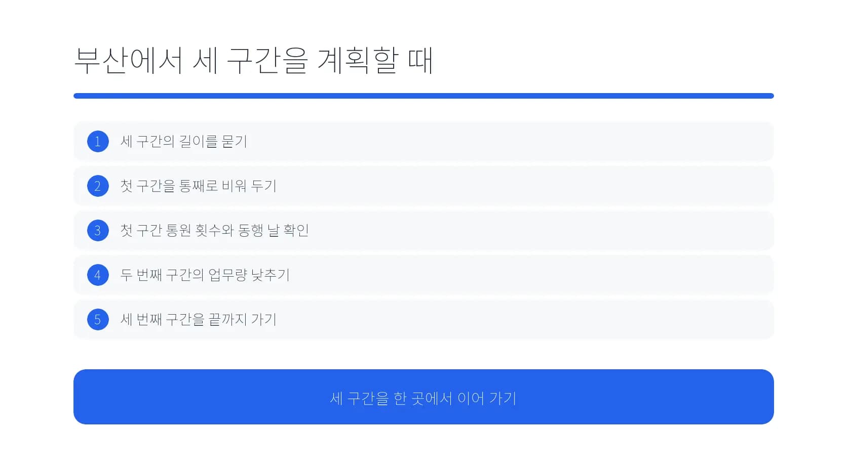 부산에서 세 회복 구간을 계획할 때 확인할 항목 도식