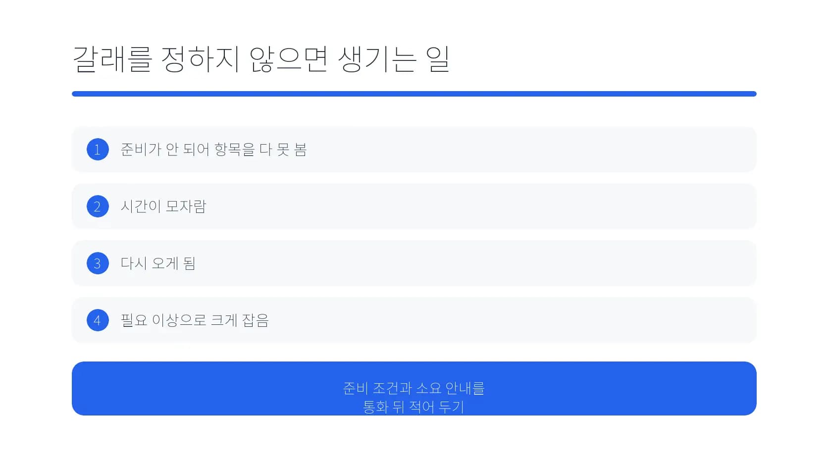 예약 갈래가 불명확할 때 생기는 지연과 재확인 항목 도식