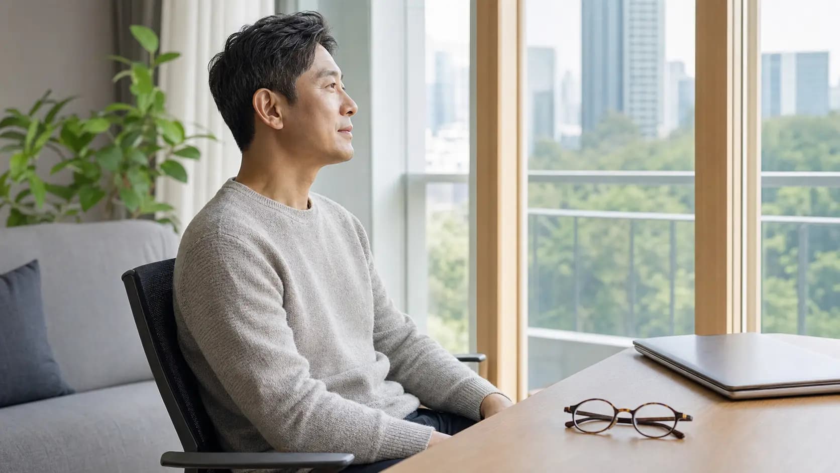시력교정 회복 중 가까운 작업을 멈추고 먼 곳을 바라보며 생활기능 변화를 살피는 성인
