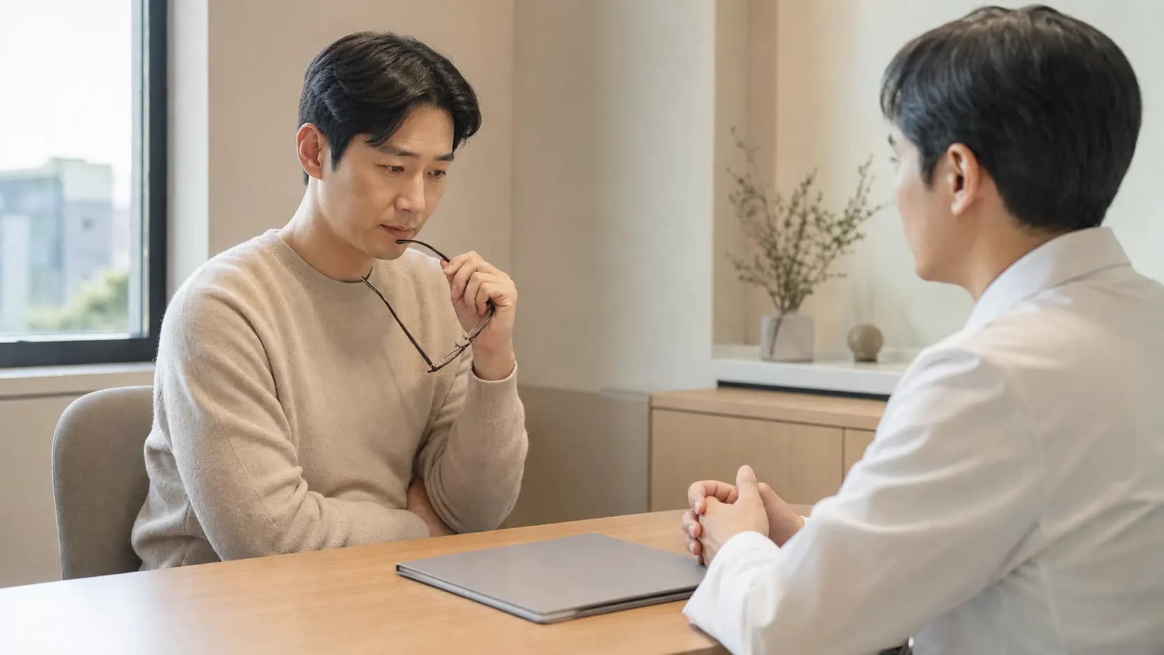 스마일라식 검사 뒤 안경을 들고 여러 선택지를 차분히 숙고하는 성인 상담 장면