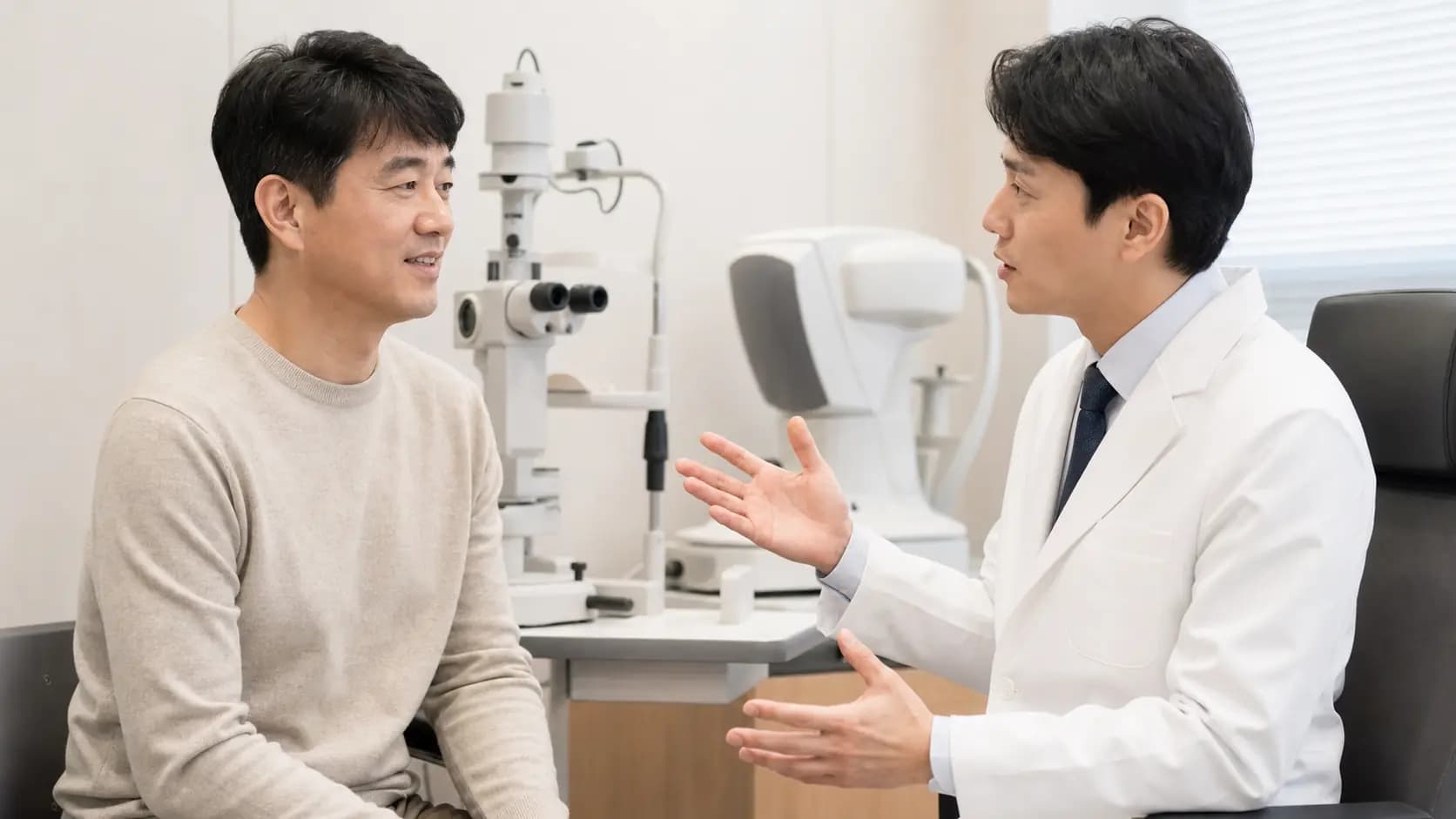 회복 확인 뒤 장기적인 눈 관리를 상담하는 중년 성인