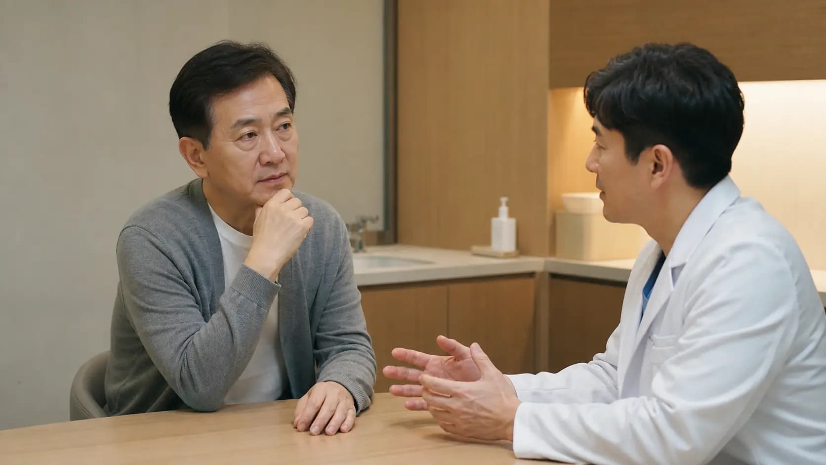 시력교정 결정을 미룬 뒤 다음 상담 시점을 의논하는 성인