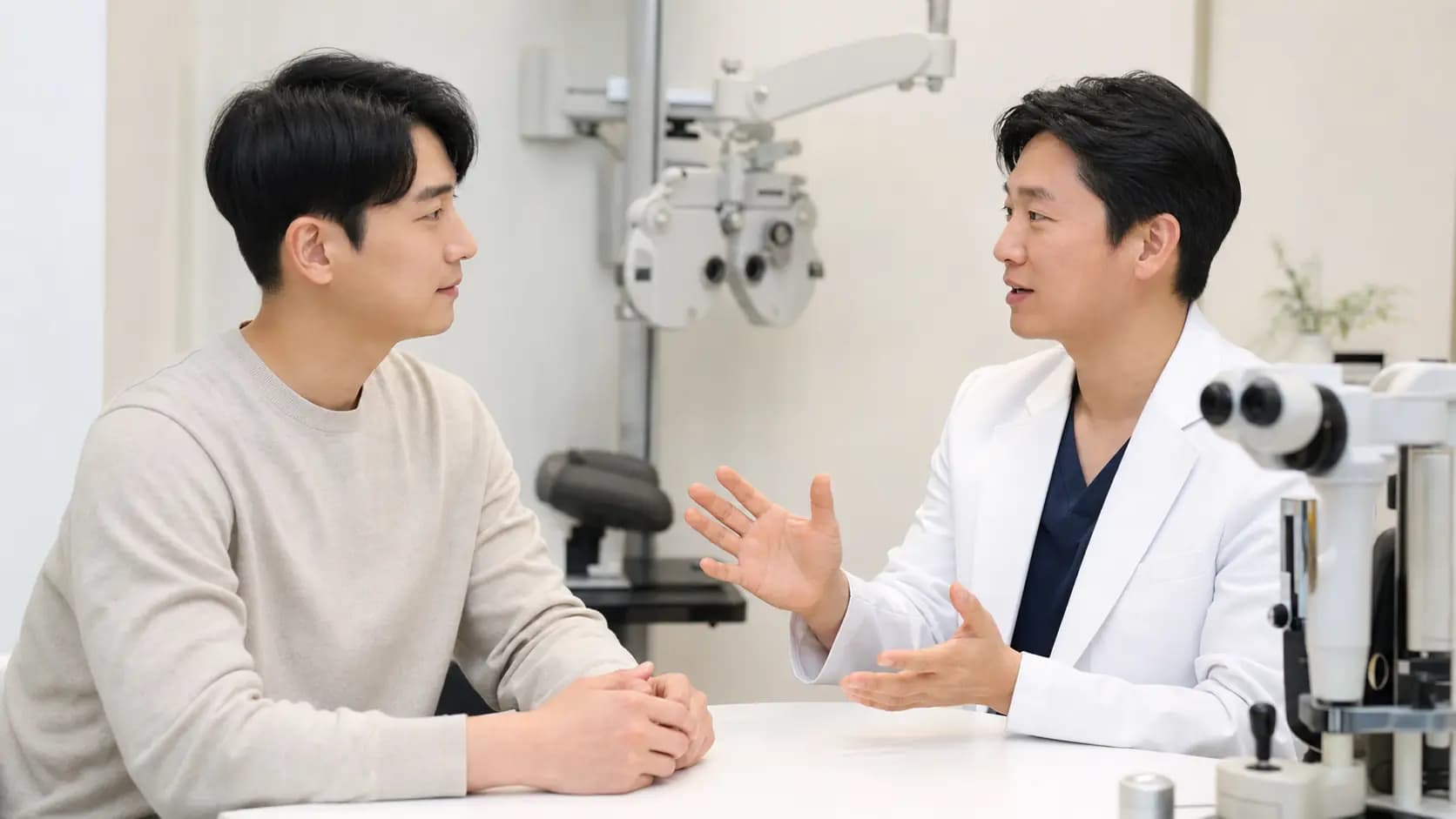 안양의 안과에서 의료진과 진료 계획을 상담하는 성인