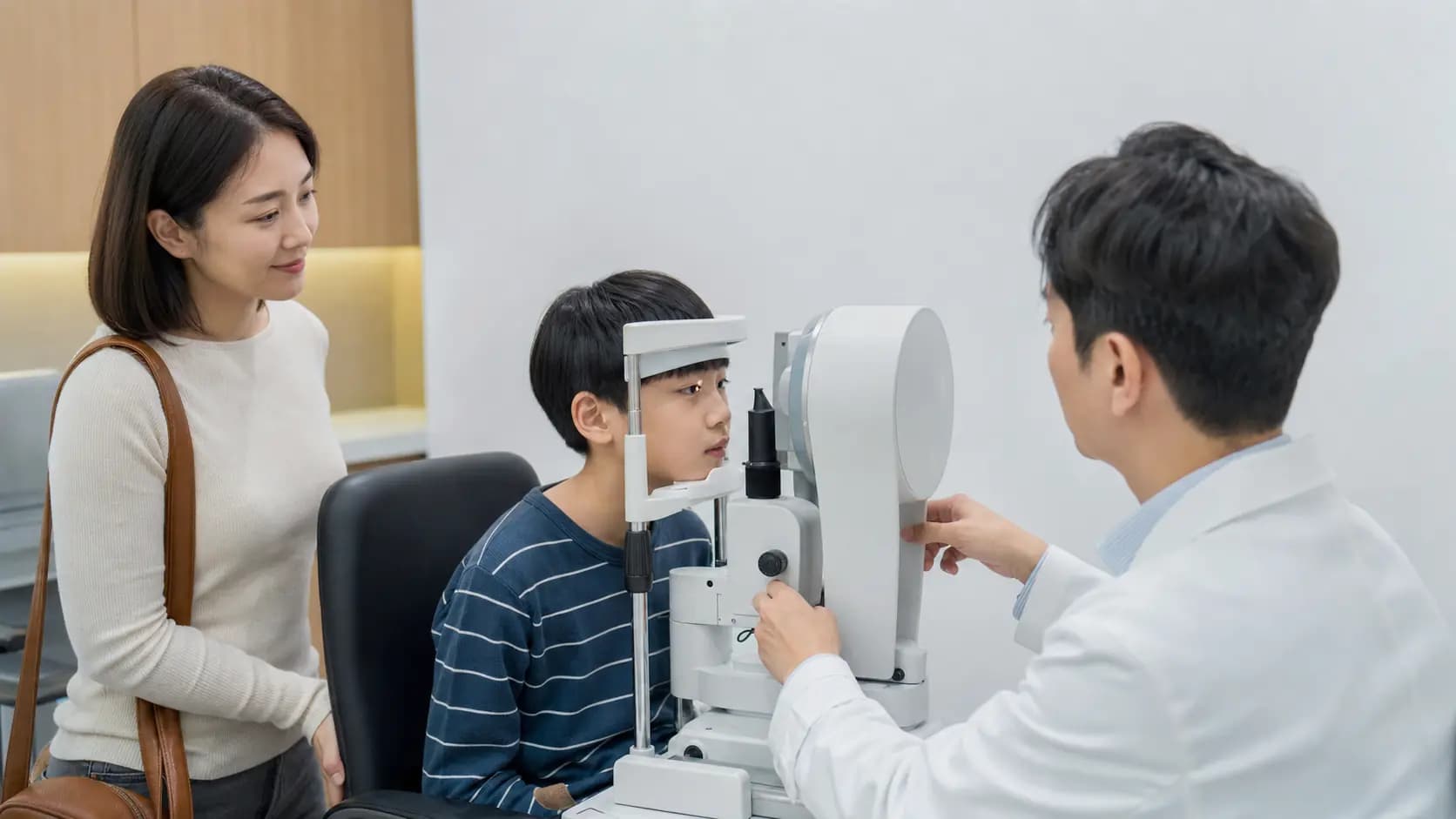 아이의 안경 도수 확인을 위해 안과 상담을 받는 보호자