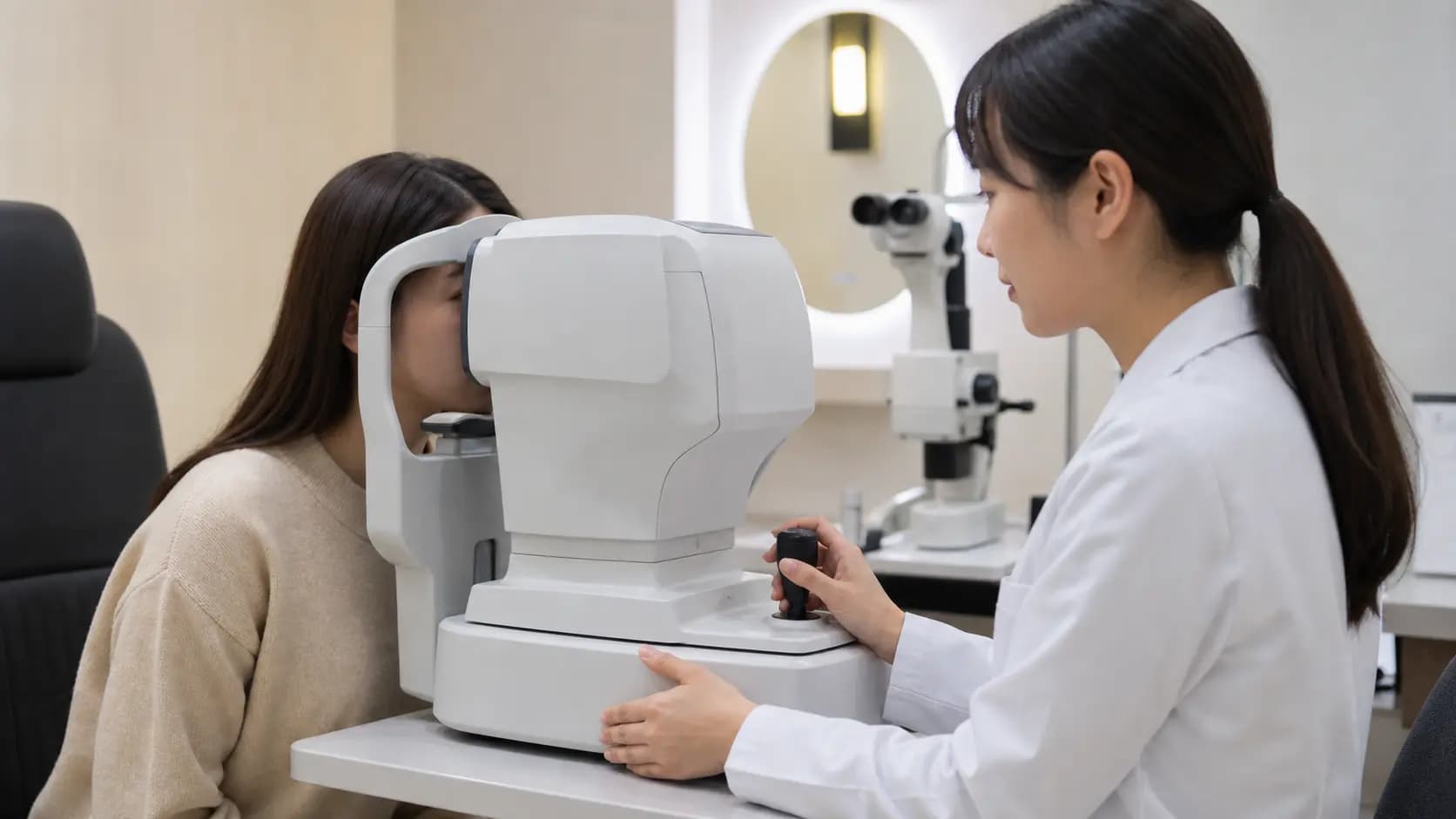 장기적인 시력교정 관리를 위해 첫 눈 측정을 받는 성인