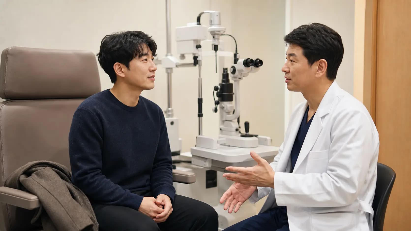 가까운 안과에서 의료진과 차분히 후속 상담을 나누는 성인
