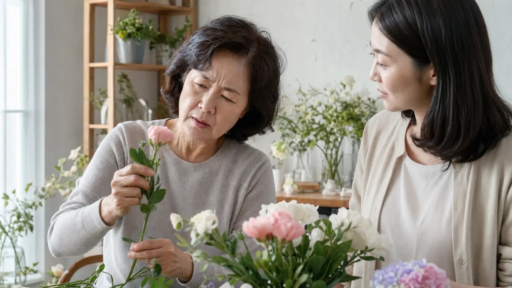 꽃을 정리하며 일상 속 시야 변화를 살피는 고령 성인과 가족