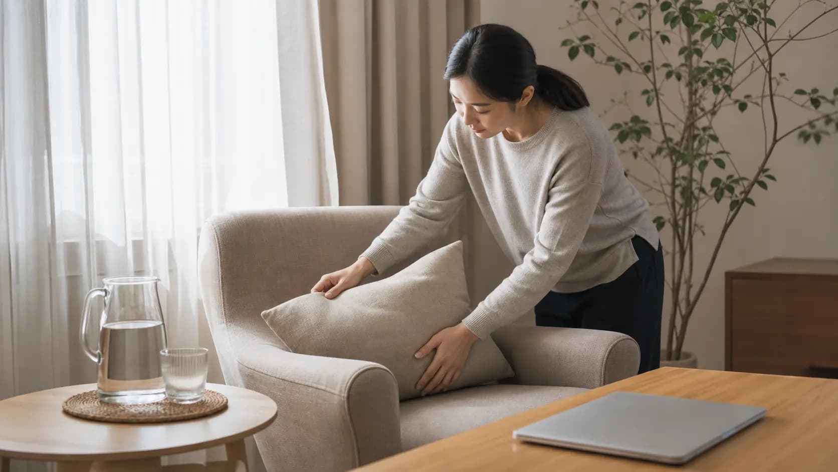 라섹 뒤 편안히 쉴 수 있도록 집안 회복 공간을 준비하는 성인