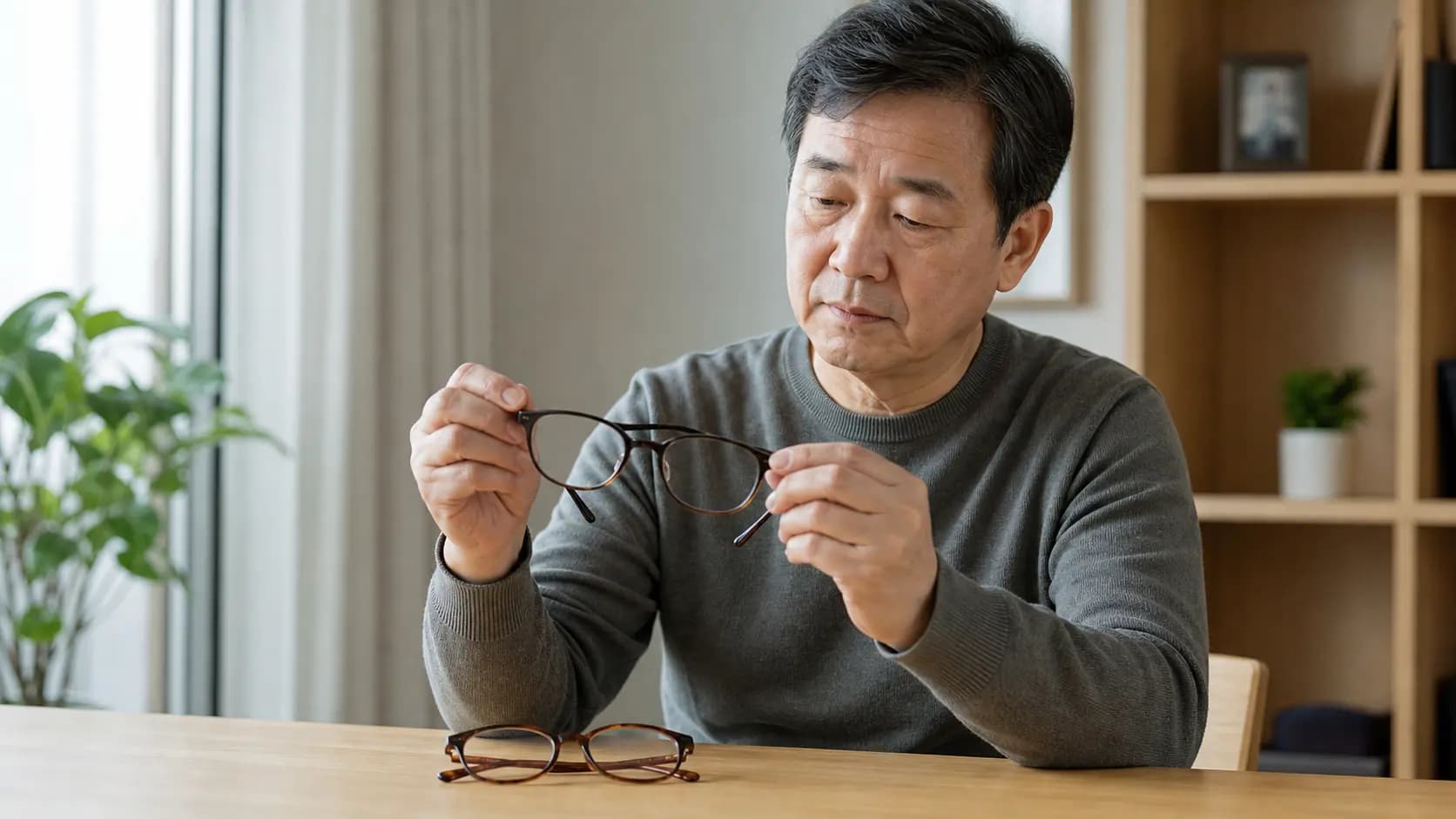 집에서 여러 독서용 안경의 착용감을 비교하는 중년 성인