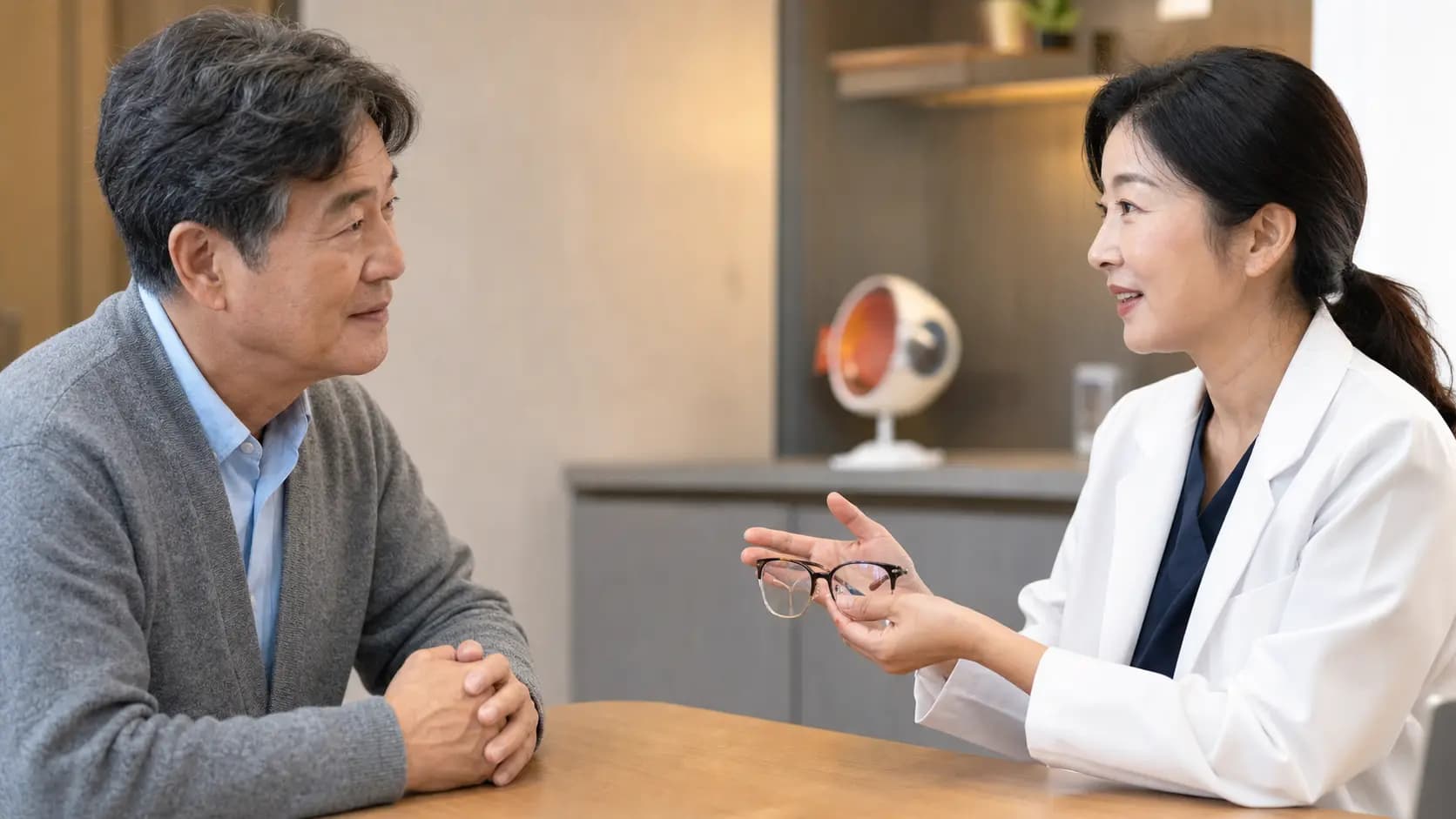 노안으로 달라진 시야를 안과 의료진과 상담하는 중년 성인