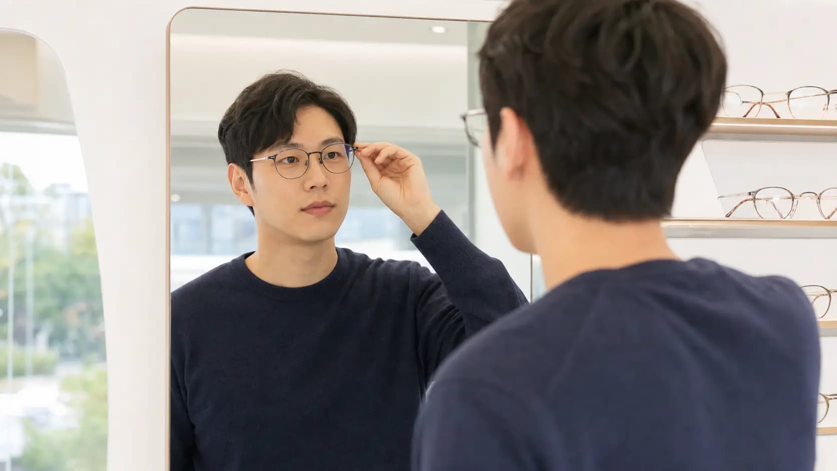 안경 상담 공간에서 새 안경을 자연스럽게 착용해 보는 성인