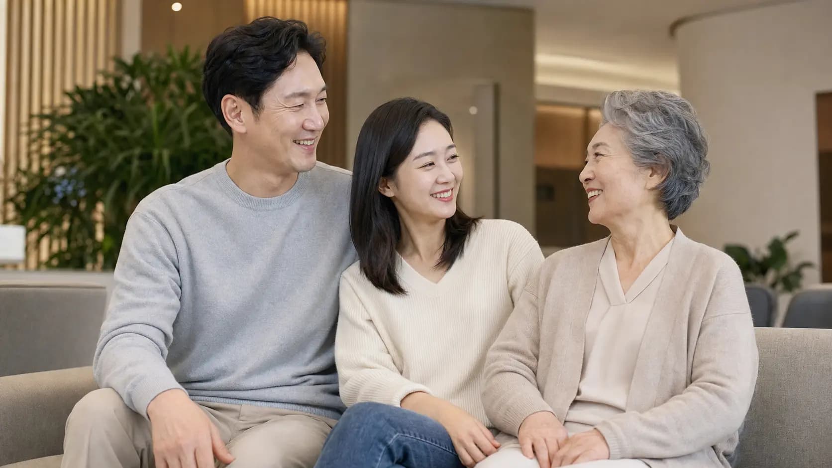 안과 대기 공간에서 함께 진료를 준비하는 세대별 가족