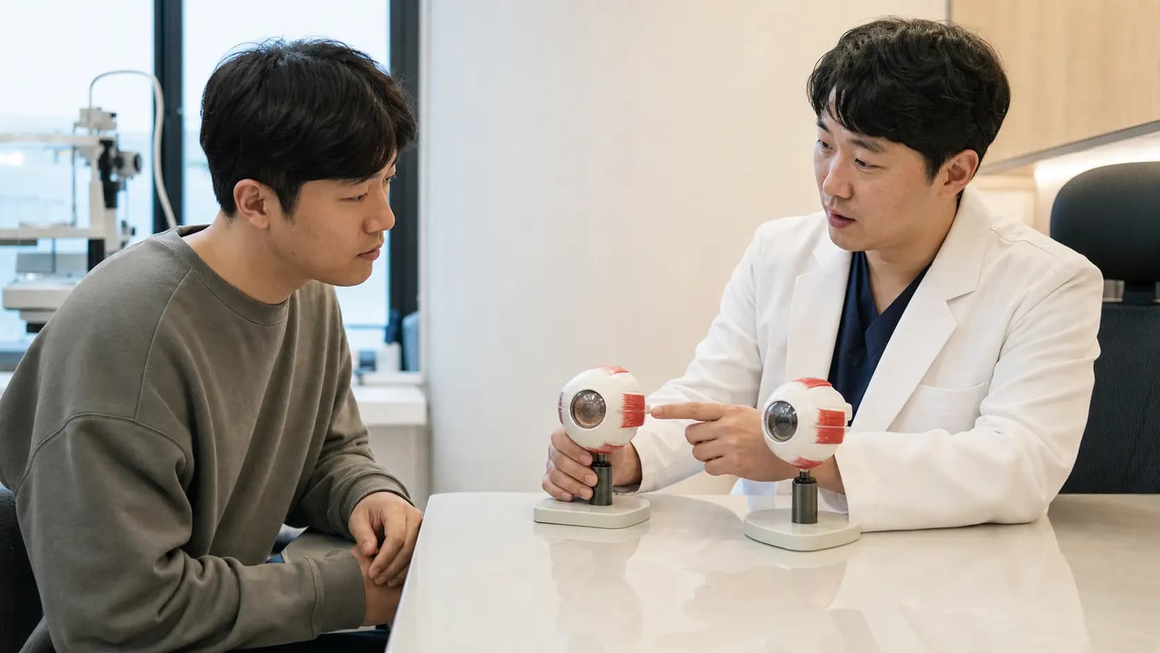 두 눈 모형으로 개인 눈 상태를 설명받는 성인