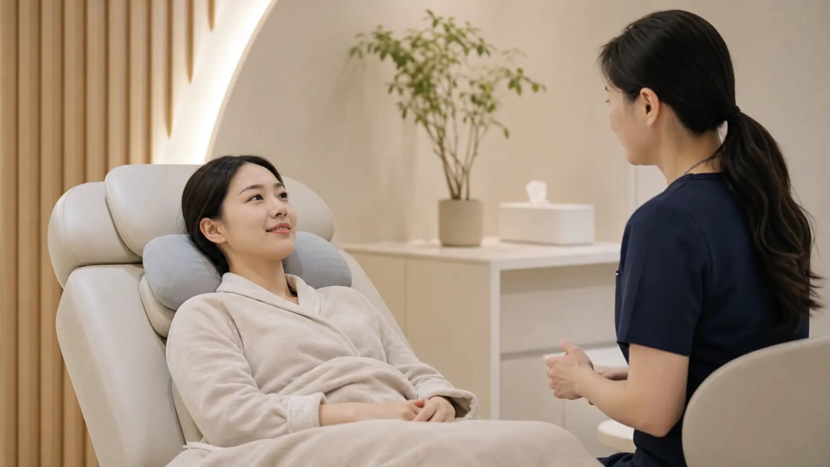 시력교정 수술 당일 회복 의자에서 안정을 취하는 성인
