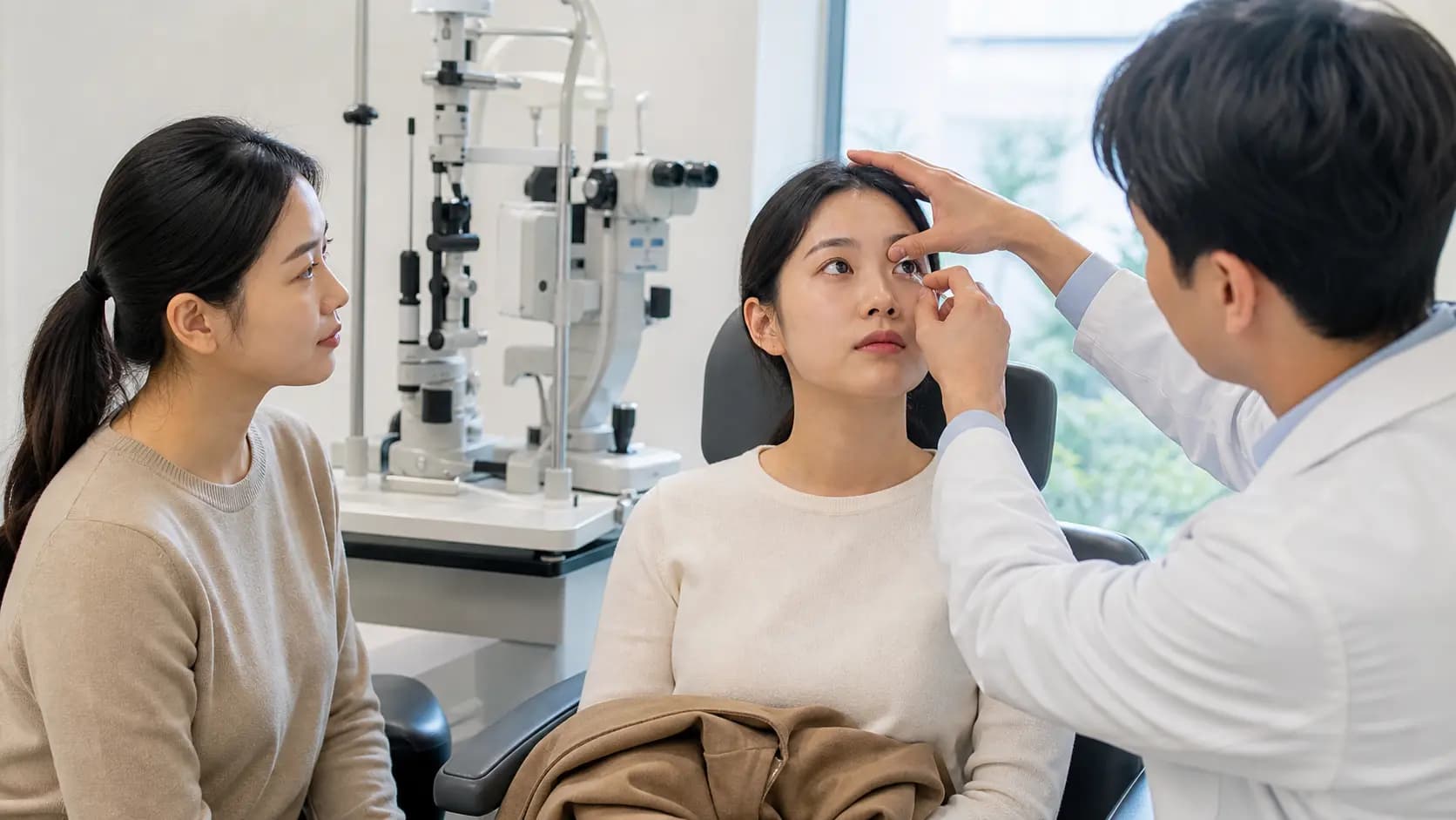 보호렌즈 제거 진료를 위해 동행인과 안과를 찾은 성인
