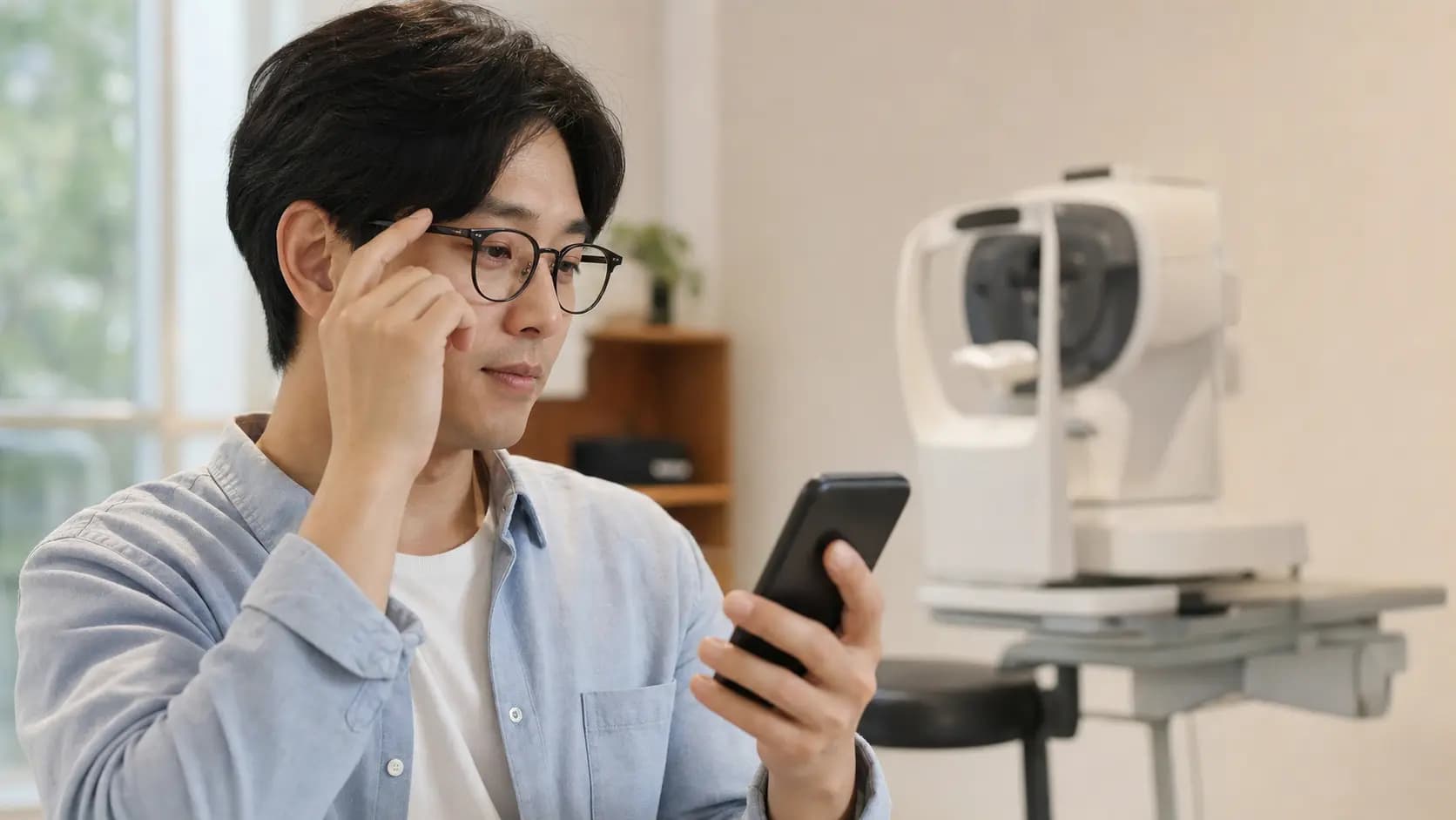 안경 조정과 눈 상태 확인의 차이를 생각하는 성인