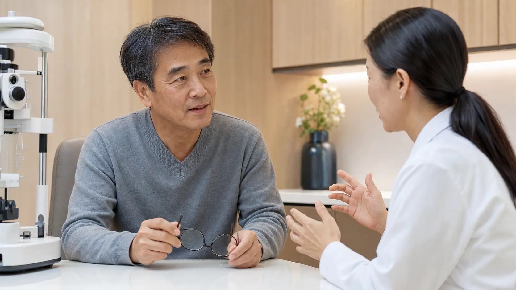 직장 일정에 맞춘 노안 진료 계획을 상담하는 중년 성인