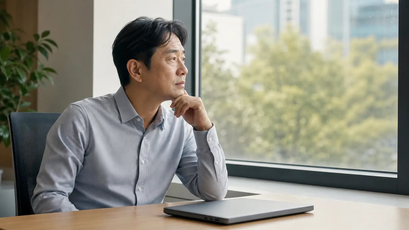 하루 중 달라지는 시야를 살피며 창밖을 보는 직장인