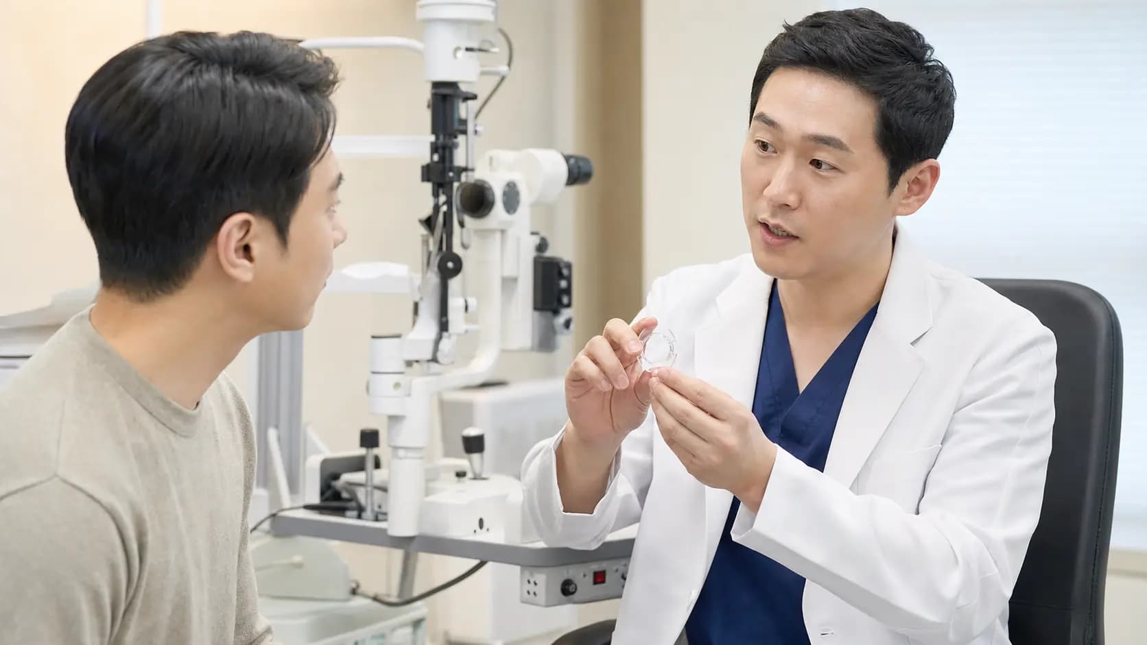 안내렌즈삽입술의 렌즈 모형을 보며 상담하는 성인