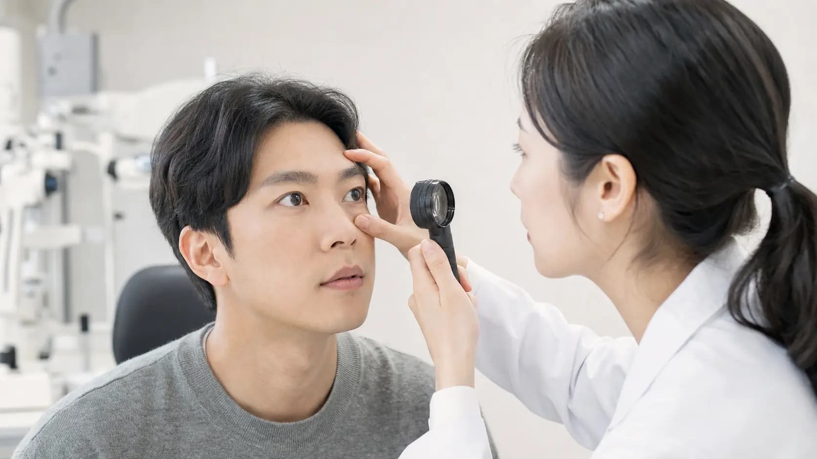 난시용 콘택트렌즈의 위치와 착용 상태를 확인받는 성인