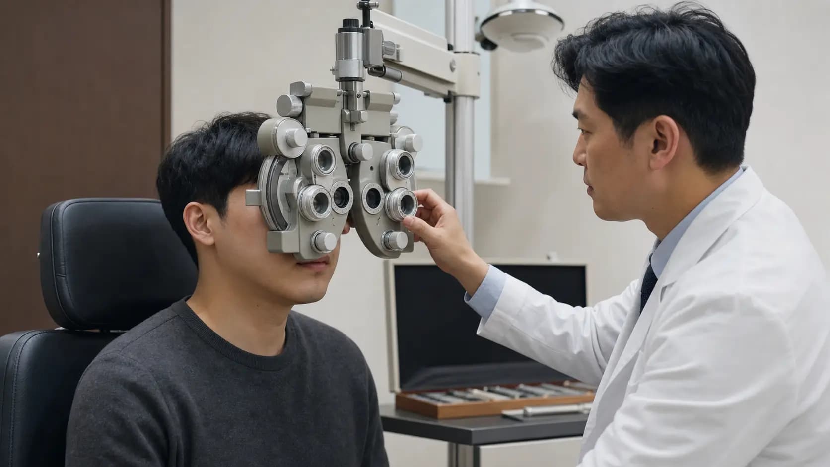 도수 변화 확인을 위해 시력 측정을 받는 성인