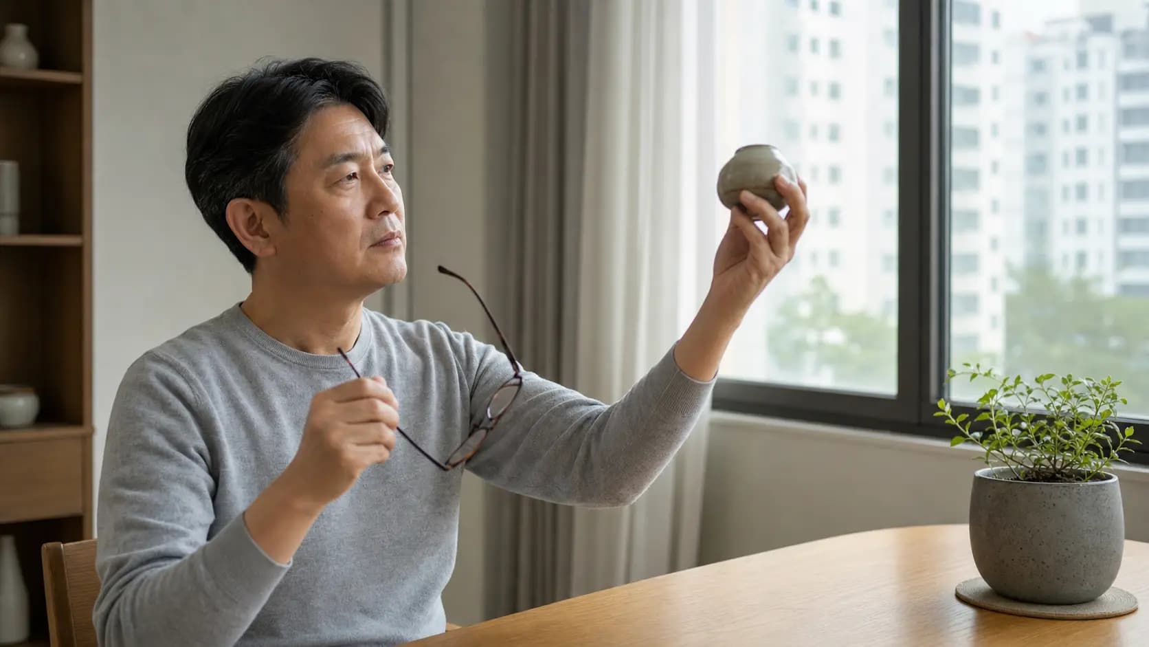안경을 벗고 가까운 물체의 초점을 확인하는 중년 성인